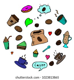 Coffee doodles on a white background. Vector illustrations.