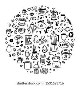 Coffee doodles round shape vector collection. Hand drawn cups with drinks, sweets, cakes, desserts elements and icons for cafe decoration