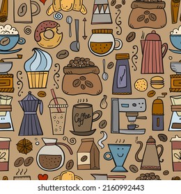 Coffee doodles, seamless pattern for your design. French press, cup of coffee, latte, cappuchino, espresso, grinder, pots, coffee beans, sweets