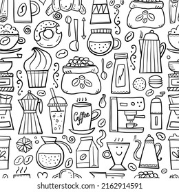 Coffee doodles, seamless pattern for your design. French press, cup of coffee, latte, cappuchino, espresso, grinder, pots, coffee beans, sweets