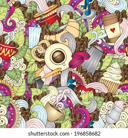 Coffee Doodles Sketch. Coffee And Tea Design Template Background. Hand-Drawn Vector Illustration. Coffee, Breakfast, Tea, Invite, Love Seamless Pattern.