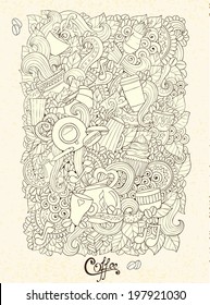 Coffee Doodles Sketch. Coffee And Tea Design Template. Hand-Drawn Vector Illustration. Coffee, Breakfast, Tea, Invite, Love Background.