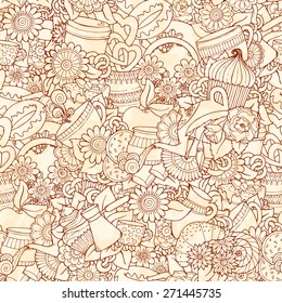 Coffee Doodles Sketch. Coffee And Tea Design Template Grunge Background. Hand-Drawn Vector Illustration. Coffee, Breakfast, Tea, Invite, Love Seamless Pattern.