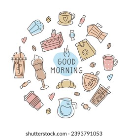 Coffee Doodles with Soft Color Spots. Tea, Hot Beverage Hand Drawn Sketch. Cup of Coffee Drawing with Cute Lettering Good Morning.