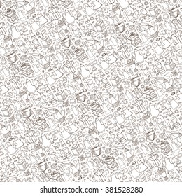 Coffee Doodles tableware pattern background.Vector hand drawn coffee theme sketches, devices, teapot for coffee making.Vintage linear backdrop for cafe menu.Illustration,wallpaper