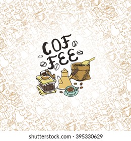 Coffee Doodles tableware pattern background,poster,banner.?offee Vector hand drawn coffee theme sketch,coffee devices,coffee making.Vintage backdrop,cafe menu,shop,coffee house.Illustration,wallpaper