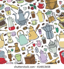 Coffee Doodles tableware seamless pattern.Vector hand drawn coffee theme sketches, devices, teapot,coffee making.Vintage colorful Coffee background for cafe menu.Illustration,wallpaper.Coffee doodle
