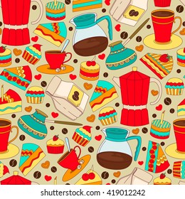 Coffee Doodles tableware seamless pattern.Vector hand drawn coffee theme sketches, devices, teapot,coffee making.Vintage colorful Coffee background for cafe menu.Illustration,wallpaper.Coffee doodle