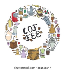 Coffee Doodles tableware.Vector hand drawn coffee theme sketches, devices, teapot for coffee making.Vintage Circle wreath composition.Colored background for cafe menu.Illustration,banner,poster