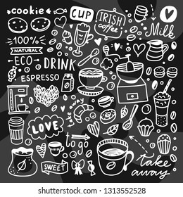 Coffee doodles vector graphics on chalkboard. Hand drawn cups with coffee, sweet food and desserts