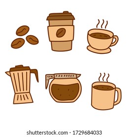 Coffee doodles vector illustration in colorful hand drawn style isolated on white background 