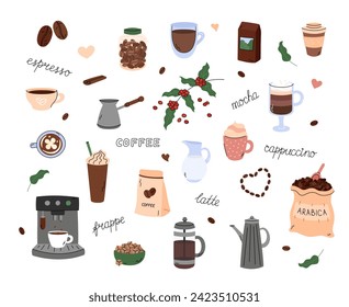 Coffee doodles vector set. Cute cartoon design elements. Simple hand drawn illustrations. Different doodle beverages, preparing appliances. Morning coffee mug cappuccino, espresso, frappe and mocha.