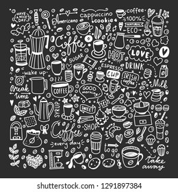 Coffee doodles vector set on black background. Cute cafe hot drinks illustrations and sweet food elements big collection