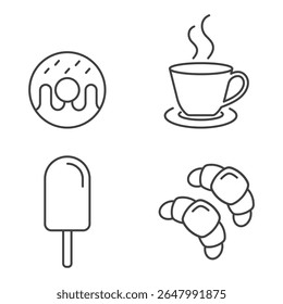 Café, rosca, sorvete e Croissants linha ícones conjunto. Ícone linear de fast food isolado no fundo transparente. Simples linha de comida ícones ilustração vetorial. Traçado editável.