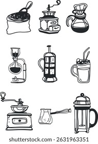 Dibujo de café, grabado, tinta, arte de línea, Vector	