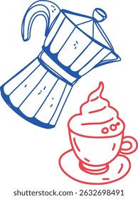 Coffee drawing, engraving, ink, line art, vector. Red blue	
