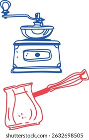 Coffee drawing, engraving, ink, line art, vector. Red blue	
