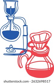 Coffee drawing, engraving, ink, line art, vector. Red blue	
