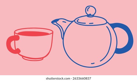 Coffee drawing, engraving, ink, line art, vector. Red blue	