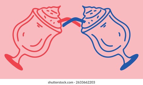 Coffee drawing, engraving, ink, line art, vector. Red blue	
