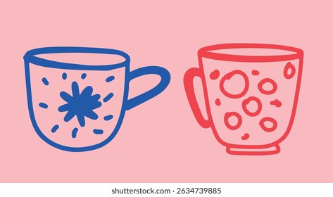 Coffee drawing, engraving, ink, line art, vector. Red blue	
