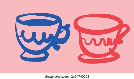 Coffee drawing, engraving, ink, line art, vector. Red blue	
