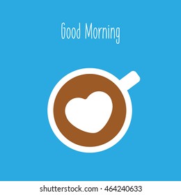 coffee with drawing of heart with text good morning illustration isolated in a blue background