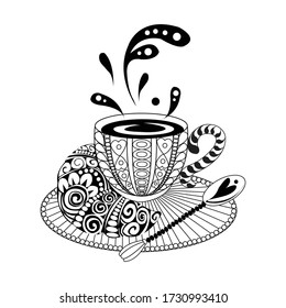 Coffee, drawing, vector, illustration, coloring book, line art, zentangle, animal, Coffee hand draw, black and white pencil vector lllustation on white background