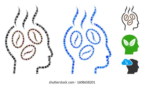 Coffee dreams head mosaic of filled circles in different sizes and color tinges, based on coffee dreams head icon. Vector filled circles are united into blue mosaic.