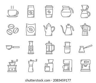 Coffee drink accessories outline icons. Drip and espresso coffee machine, steaming cup and beans bag, grinder, cezve and moka, filter coffee, hot mug, French and American press line vector pictogram