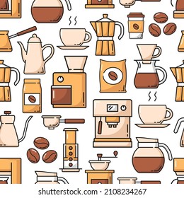 Coffee drink and beans seamless pattern, vector background with coffee makers. Cafe and barista brewing machine and espresso, americano or cappuccino, pot and coffee french press pattern