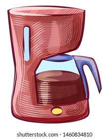Coffee drink boiling in kettle, java shop equipment. Sketch of electronic glass with arabic beverage, cafe object, brewing espresso or cappuccino vector
