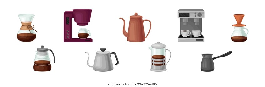 Equipo de elaboración de bebidas para café y conjunto de vectores de dispositivos