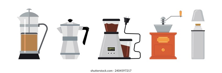 Juego de vectores de objetos e iconos de elaboración de bebidas de café