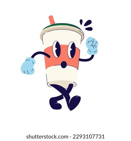 Coffee drink cartoon, 70's groovy Retro print. illustration for tee, t shirt and sticker - poster design. Funky character coffee drink cartoon concept. Vector illustration.