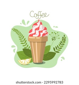 Coffee drink chilled with ice in disposable plastic cups. Cold Coffee. Glass of dessert, with whipped cream, chocolate or caramel filling and carbonated drink. Ice cream. Vector illustration. 