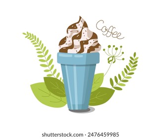 Mit Eis gekühltes Kaffeegetränk in Einweg-Plastikbechern. Kalter Kaffee. Glas Dessert mit Schlagsahne, Schokolade oder Karamelll-Füllung und kohlensäurehaltigem Getränk. Eis.
