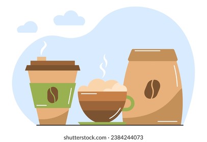 Coffee drink concept. Cup or mug with hot drink near packages with seeds. Aroma and beverage, tasty liquid. Espresso and capuccino. Coffee shop menu. Cartoon flat vector illustration