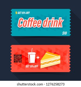 Coffee drink coupon ticket card. Coffee and cake element template for graphics design. Vector illustration