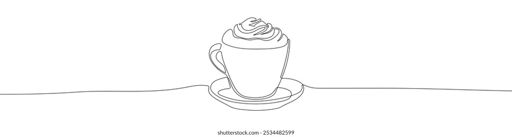 Coffee drink with cream continuous line drawing vector illustration. Cappuccino, mocha, latte drink in a cup on a saucer 