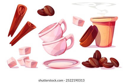 Kaffeetasse in Tasse. Barista und Café, Vektorsymbol-Set. Herbst americano und Espressoelemente zum Frühstück. Zimt, Zucker, Koffein Bohnen und Becher Cartoon Design für Shop-Geschäft. Niedliche Zutat