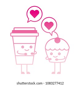 coffee drink and cup cake with speech bubble kawaii character