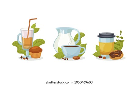 Coffee drink in cup collection set, vector illustration. Hot beverage in mug, latte, espresso, flat delicious chocolate. Cartoon drink with dessert