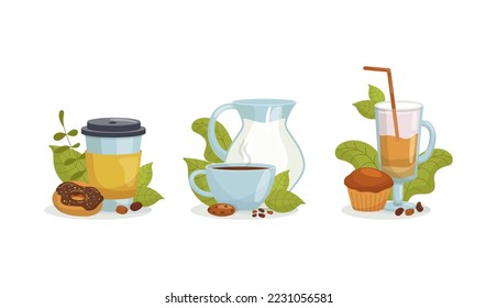 Coffee drink in cup collection set, vector illustration. Hot beverage in mug, latte, espresso, flat delicious chocolate. Cartoon drink with dessert