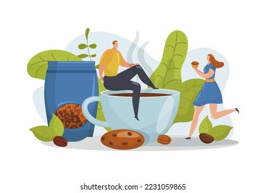 Coffee drink cup for people concept, isolated on white vector illustration. Man woman character have breakfast with cappuccino. Coffee break in cafe