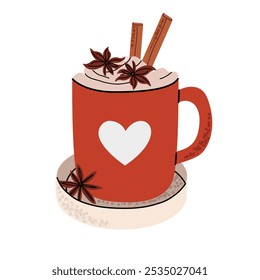 Coffee drink in cute red cup with heart. Vector illustration in flat style. White isolated background.