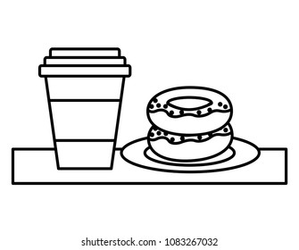 coffee drink with delicious donuts kawaii character