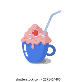 Coffee drink, dessert chilled in a cup. Whipped cream, chocolate or caramel. Ice cream, coffee, cream, cherry. Vector flat illustration. Isolated background.