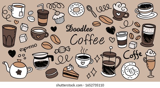 Coffee drink and desserts hand drawn collection. Set sketch graphic elements for menu design. Vintage vector illustration. Coffee cups, beans and coffee makers illustration.