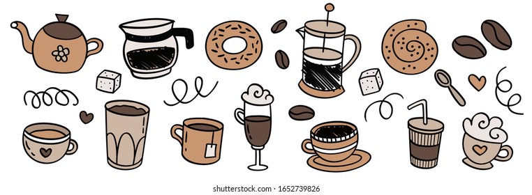 Coffee drink and desserts hand drawn collection. Set sketch graphic elements for menu design. Vintage vector illustration. Coffee cups, beans and coffee makers illustration.